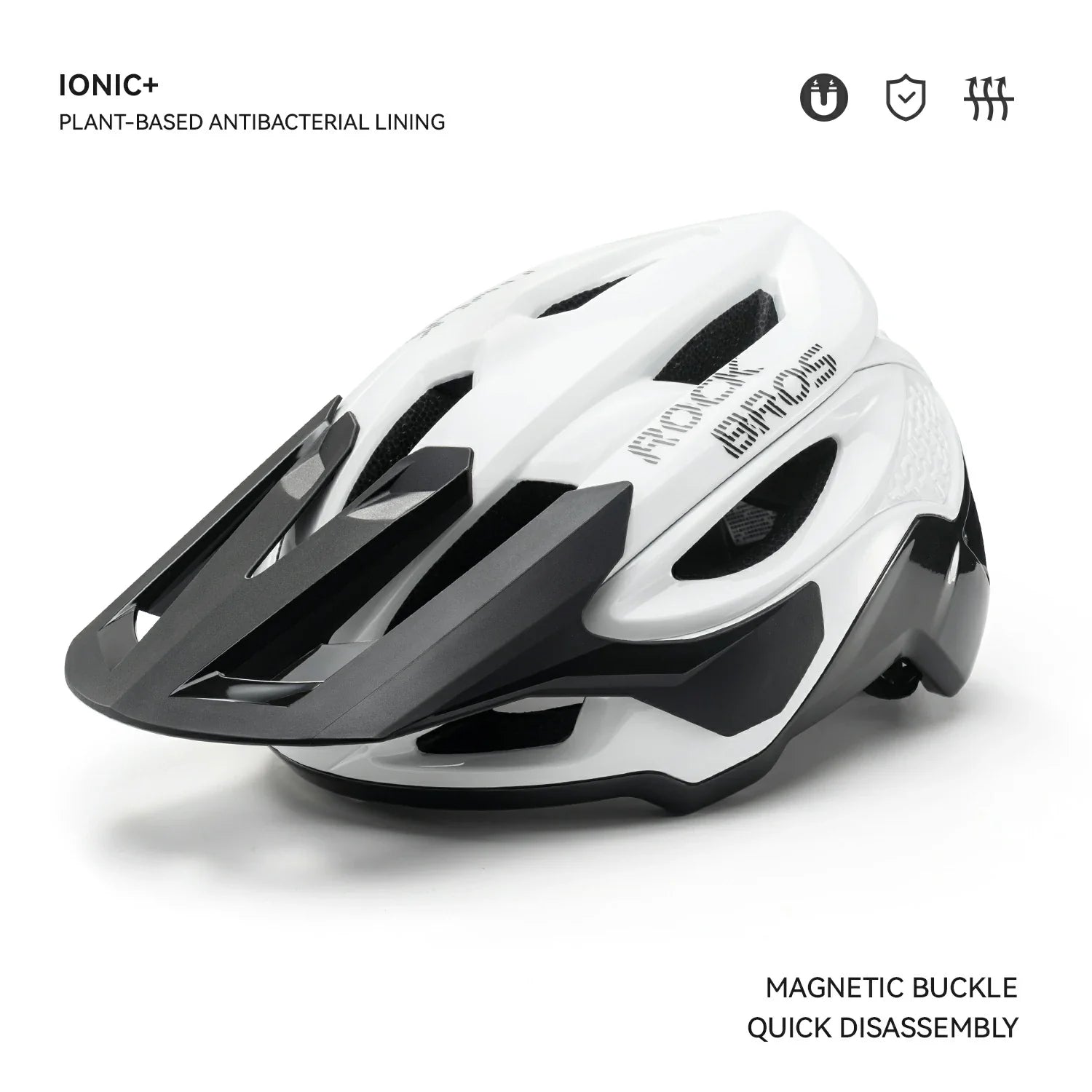 A white and black bicycle helmet with the brand name 'ROCKBROS' printed on the side, shown on a clean white background with feature  callouts. #Color_White
