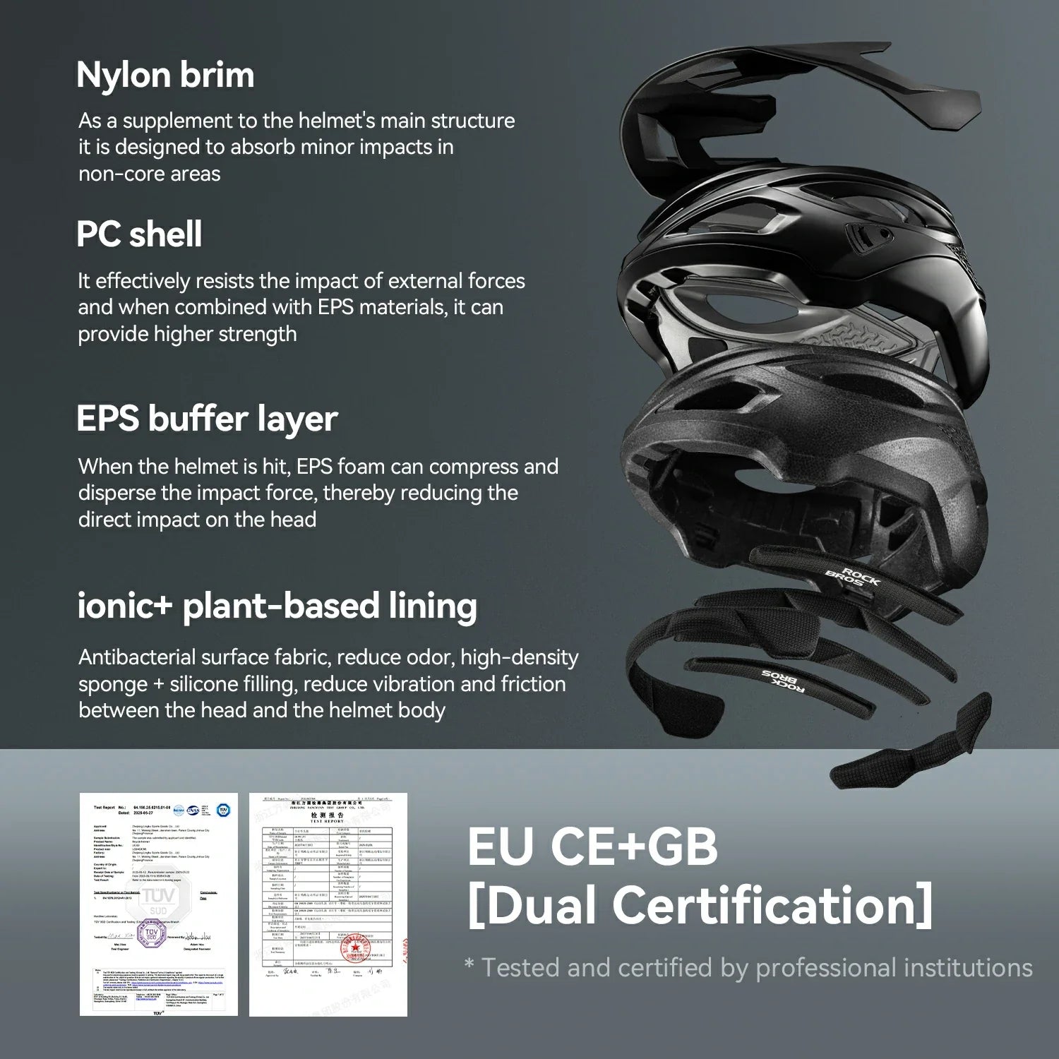Black helmet with text detailing its features on a gray background