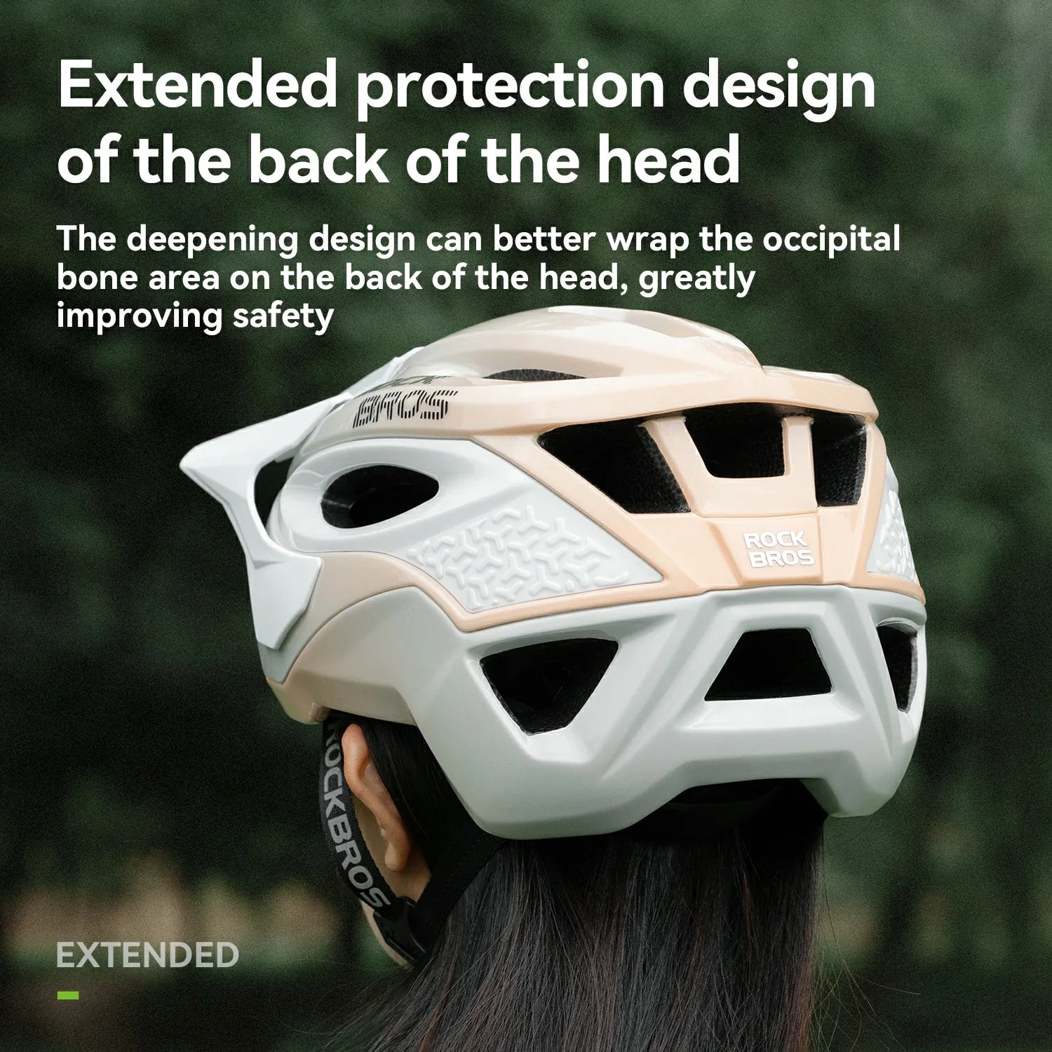 Helmet with text on extended protection design, worn by a person with blurred background