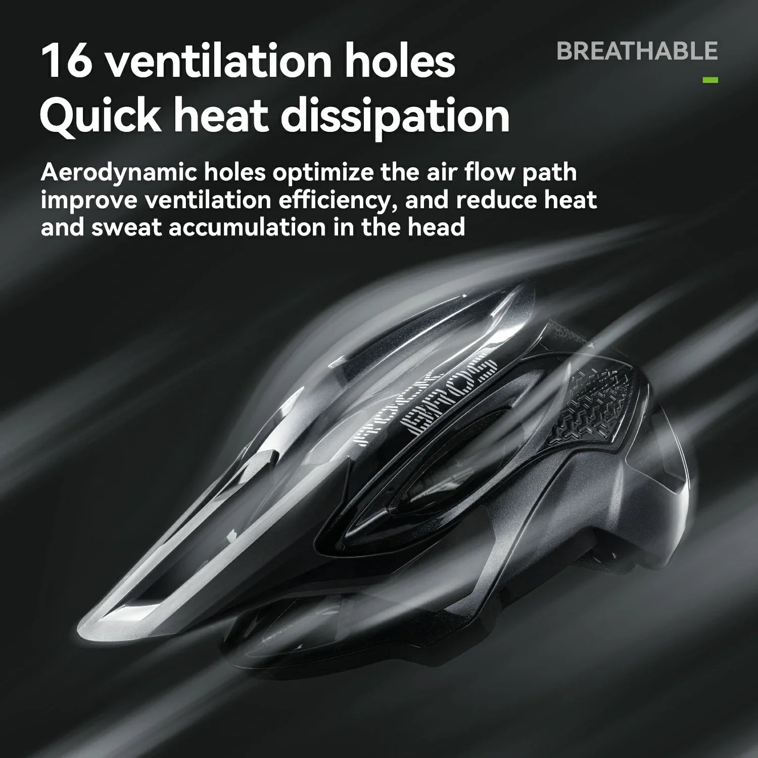Headlamp with text about ventilation holes and heat dissipation on a dark background