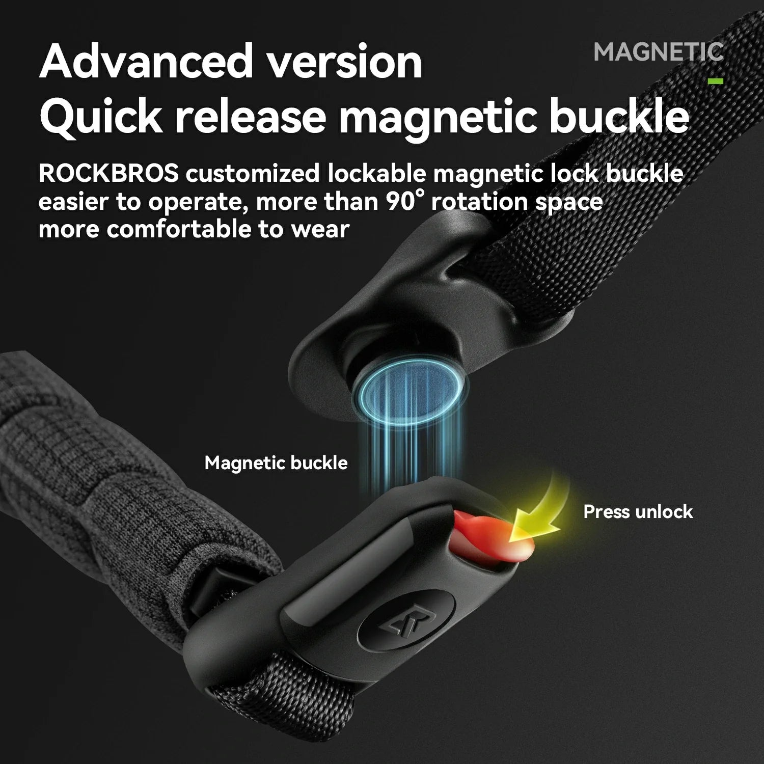 Close-up of a ROCKBROS magnetic buckle on a black strap, with text explaining the quick-release magnetic feature and a red unlock button highlighted on a dark background.