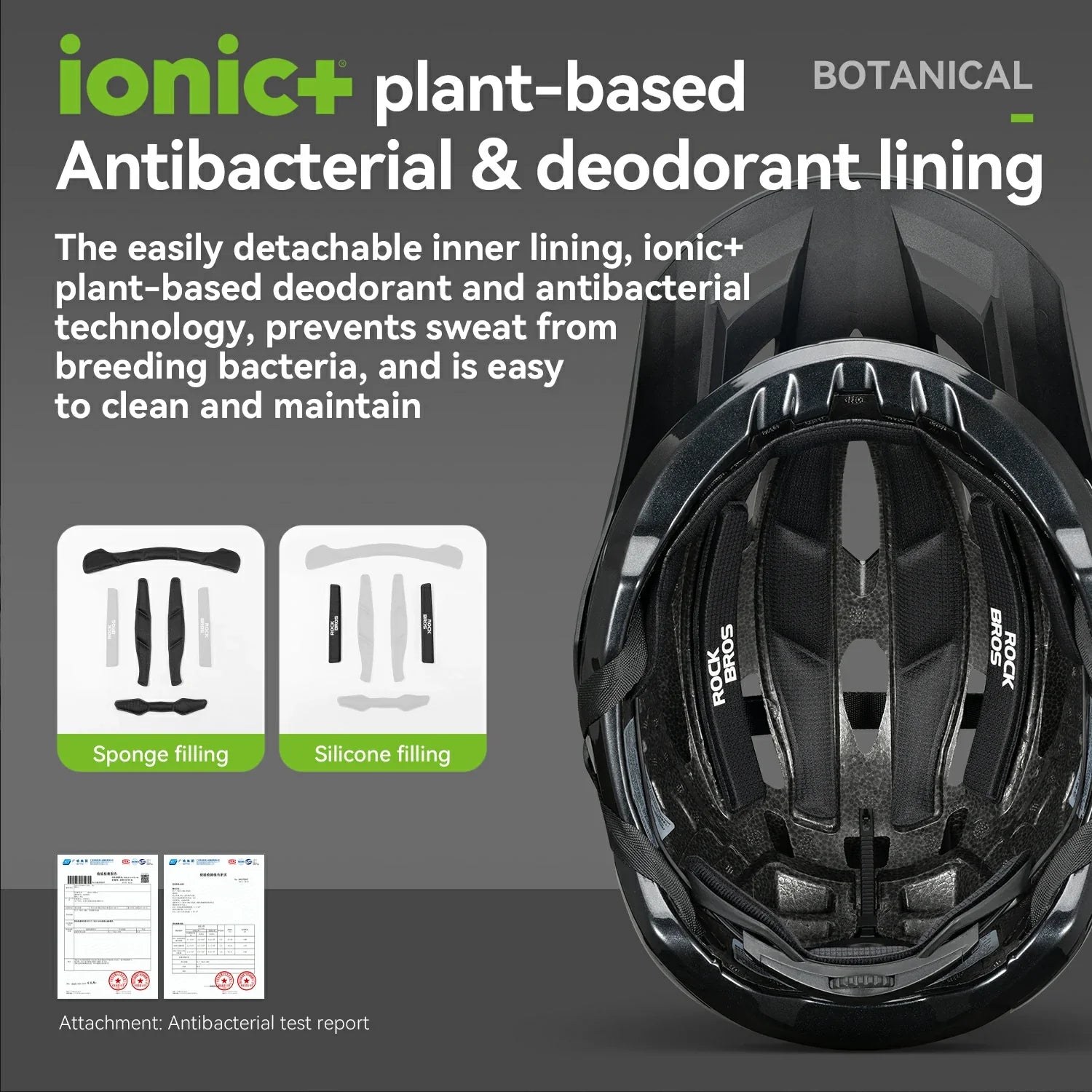 Black helmet with text about ionic+ plant-based antibacterial and deodorant lining on a gray background