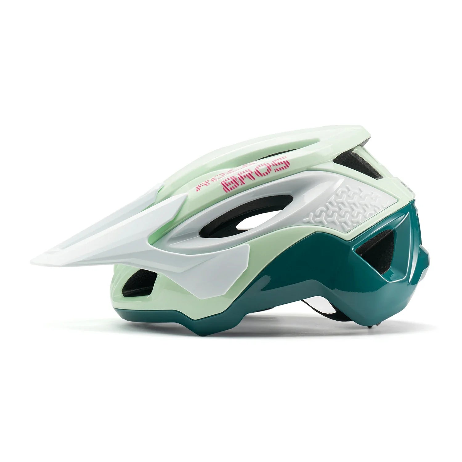 A mountain bike helmet in mint green, white, and teal with red and white branding on the side, shown from a profile view against a white background. #Color_Green