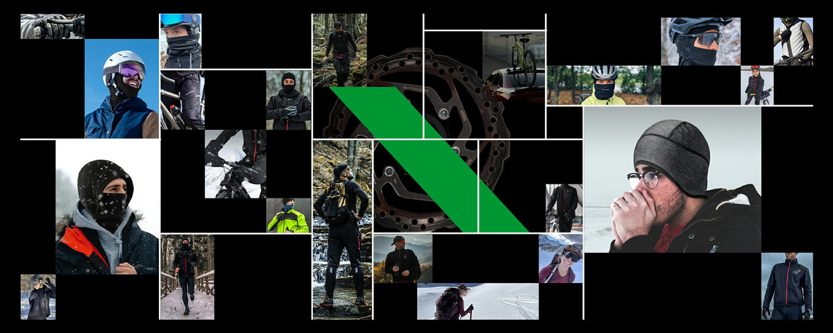Collage of people wearing winter gear with a green logo in the center.