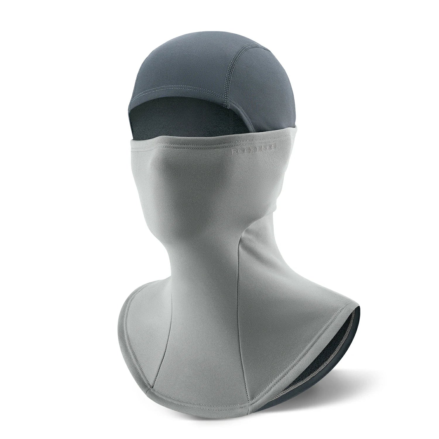 Fleece balaclava covering head, face, and neck for outdoor warmth.