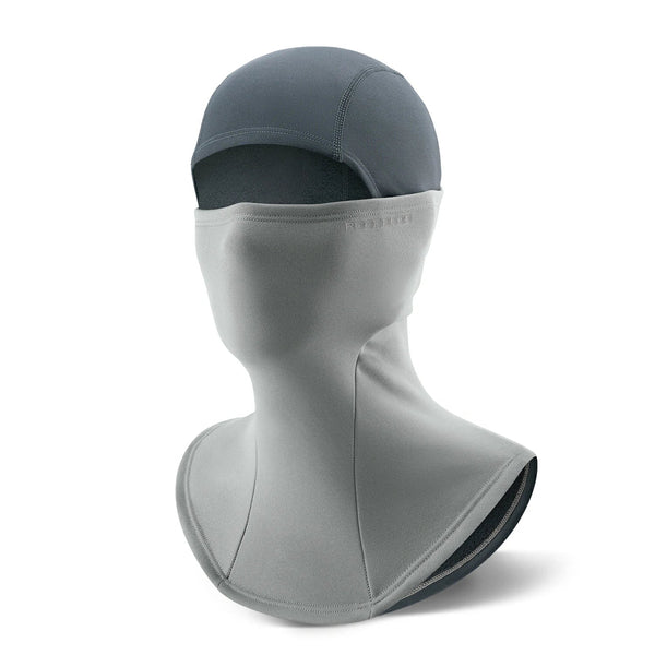Fleece balaclava covering head, face, and neck for outdoor warmth.