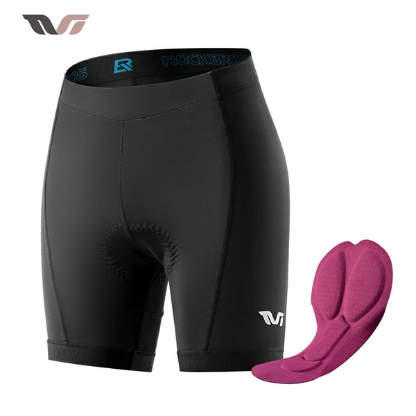 Black cycling shorts with a pink pad on a white background