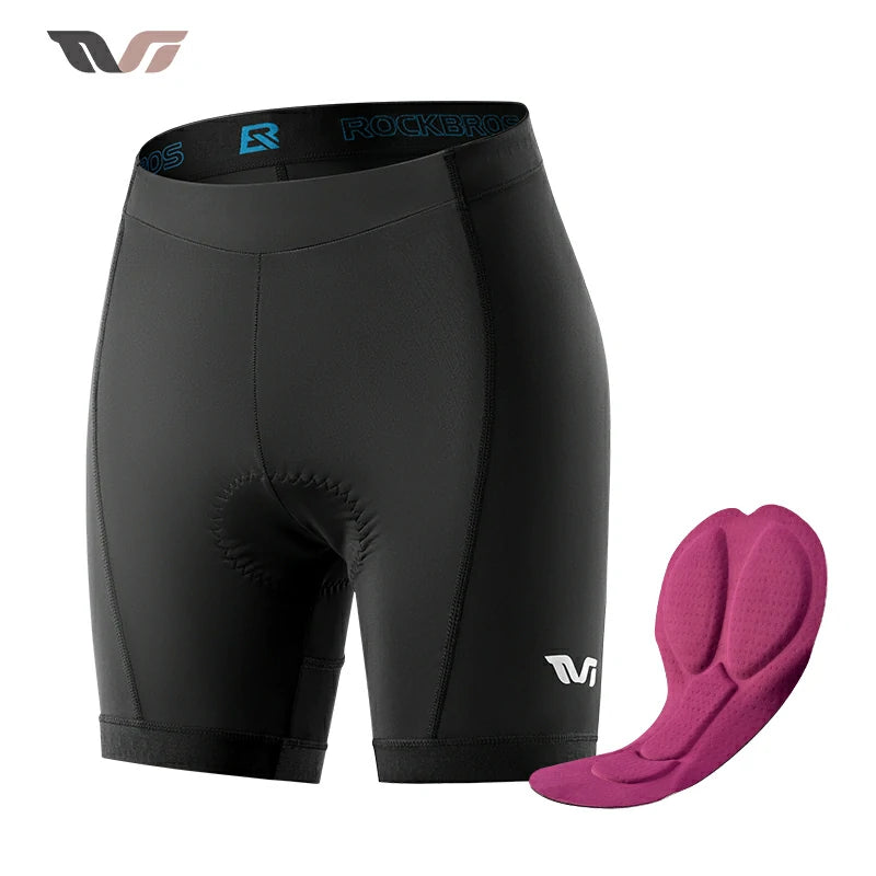 Black cycling shorts with a pink pad on a white background