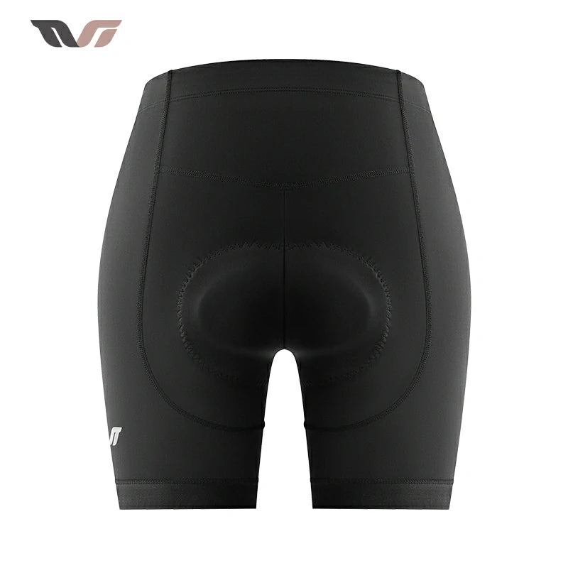 Black cycling shorts with a brand logo on a white background