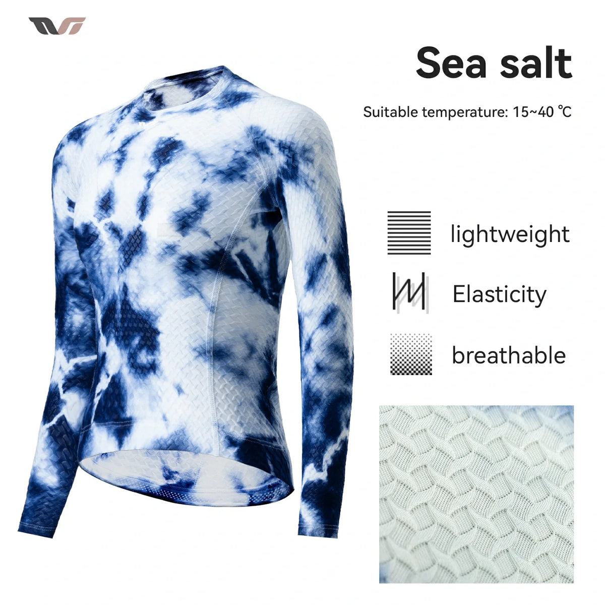Blue and white tie-dye long-sleeve athletic top on a white background, with text reading 'Sea salt' and feature callouts including lightweight, elasticity, and breathable, plus a fabric texture inset. #Color_White