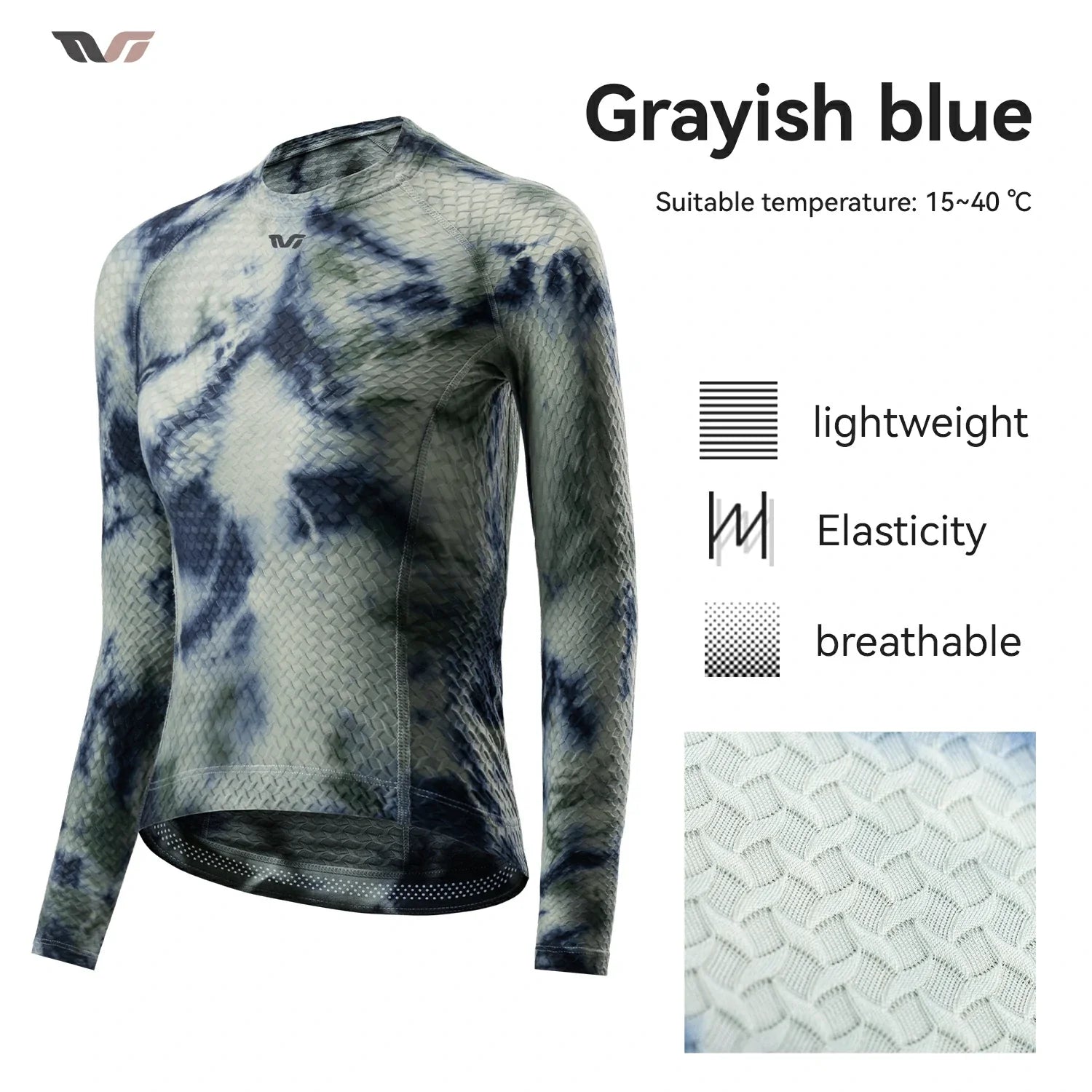 A long-sleeve athletic top shown on a white background with text reading 'Grayish blue' and feature callouts including lightweight, elasticity, and breathable. A small logo is visible near the collar, and a fabric close-up appears in the lower right.  #Color_Gray