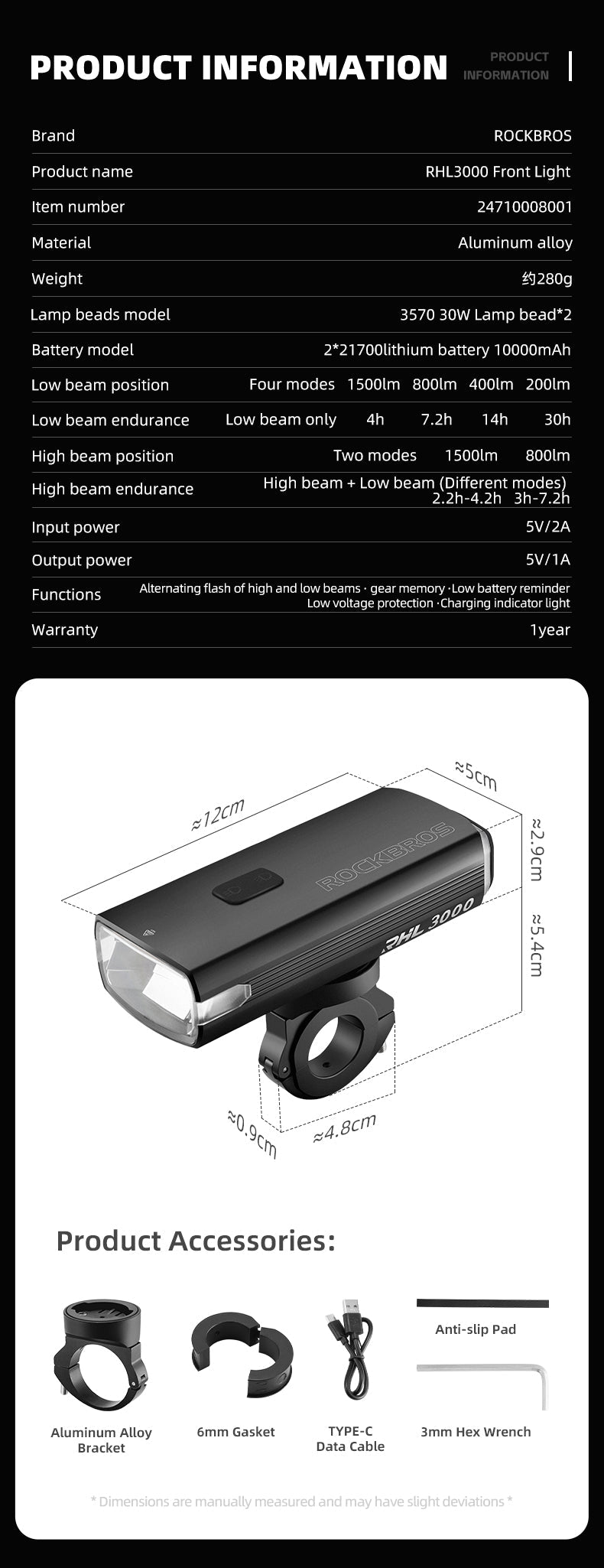 ROCKBROS 3000LM Headlight - Ultra Bright, Dual Beams, Durable, Waterproof